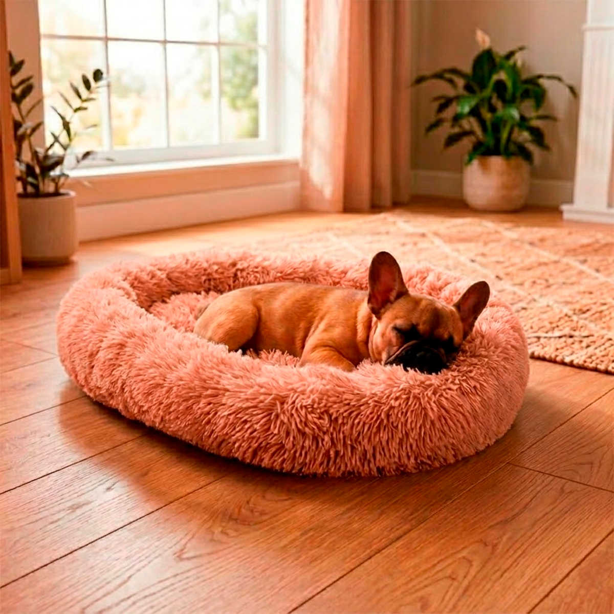 Cama circular de felpa color salmón para mascotas